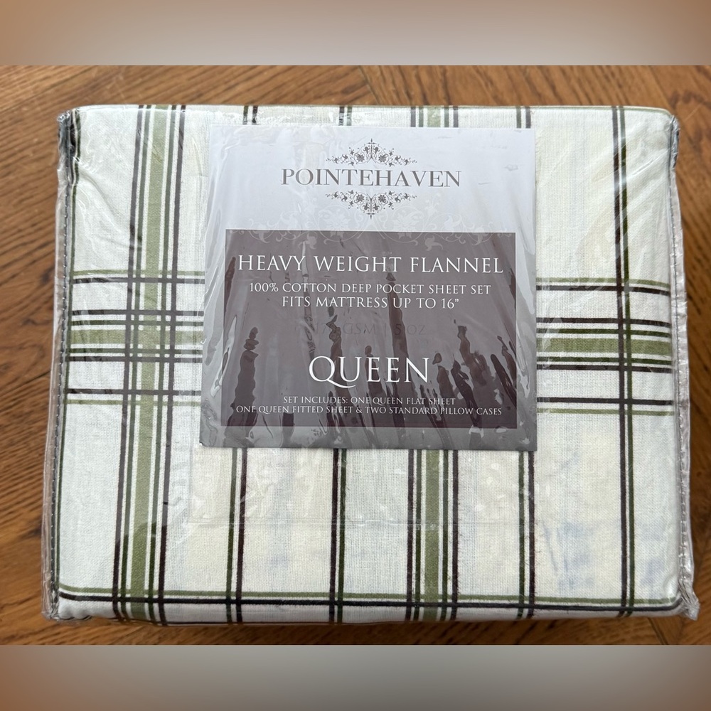 Pointehaven Heavy Weight Flannel Queen Sheet Set - White and Green Plaid - Picture 3 of 3